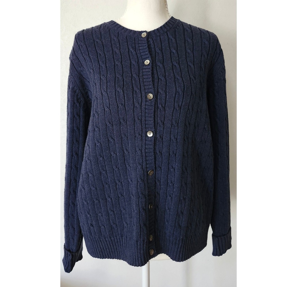 Eddie Bauer Vintage Cable Knit Cardigan Navy Blue Cotton Blend Large Preppy